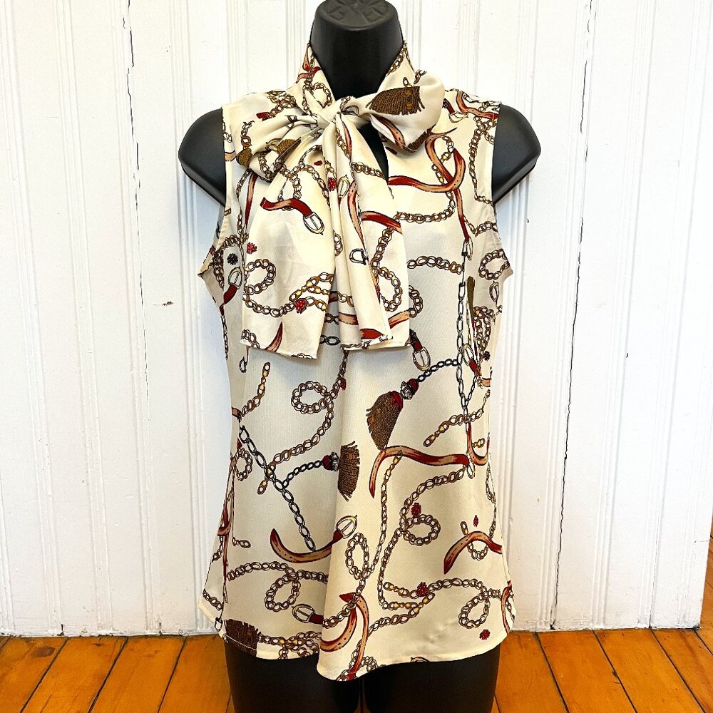 Bar III Sleeveless Equestrian Print Bow Neck Blouse, Size Medium